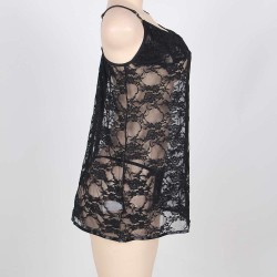 Black Plus Size Sheer Lace Dress With G String 