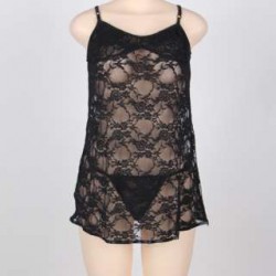 Black Plus Size Sheer Lace Dress With G String 