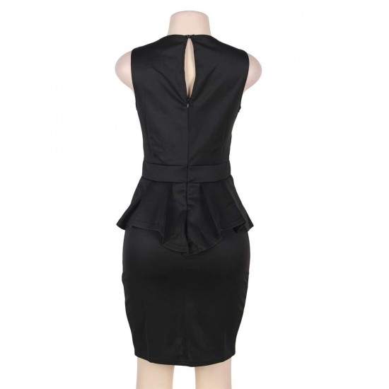 Bar Trim Pleated Peplum Black Midi Dress Bar Trim Pleated Peplum Black Midi Dress