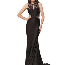 Embroidery High Neck Keyhole Backless Black Party Gown