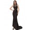 Embroidery High Neck Keyhole Backless Black Party Gown
