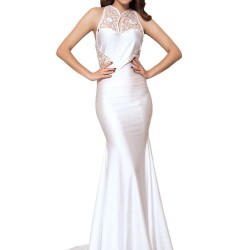Embroidery Sleeveless High Neck Backless White Party Gown