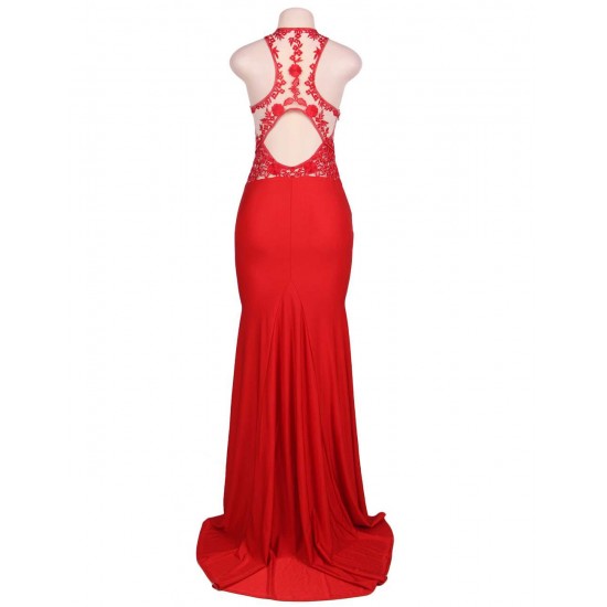 High Neck Red Embroidery Flower Backless Party Dress High Neck Red Embroidery Flower Backless Party Dress