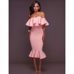 Plus Size Pink Ruffle Off-Shoulder Mermaid Bodycon Dress Plus Size Pink Ruffle Off-Shoulder Mermaid Bodycon Dress