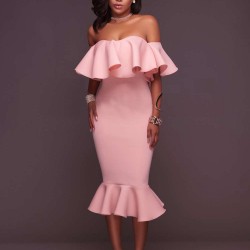 Plus Size Pink Ruffle Off-Shoulder Mermaid Bodycon Dress