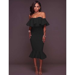 Plus Size Ruffle Off-Shoulder Midi Black Bodycon Dress