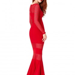 Red Stripe Fishtail Long Sleeve Evening Dress