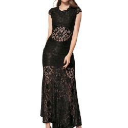 Short Sleeve Black Lace Backless Party Gown