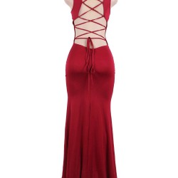 Red Croch Straps Back  Slit Party Gown