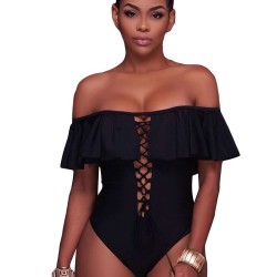 Ruffle Off-The-Shoulder One Piece Black Swimsuit
