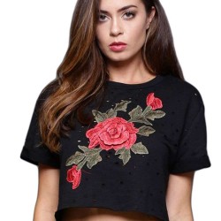 Rose Embroidered Black Crop Top