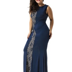 Plus Size Lace Panel Ruffle Dark Blue Maxi Dress