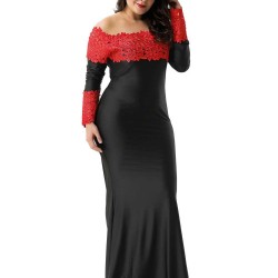 Plus Size Boat Neck Red Lace Evening Gown