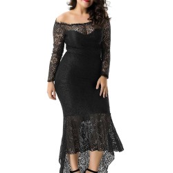 Plus Size Black Delicate Floral Lace Low Hem Evening Dress
