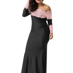 Plus Size Boat Neck Pink Lace Evening Gown
