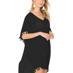Black Pom Pom Tassel Hem Gauze Cover up