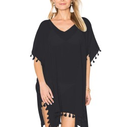 Black Pom Pom Tassel Hem Gauze Cover up