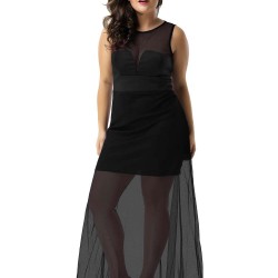 Plus Size Black Sleeveless Short Dress with Floor Length Sheer Overlay
