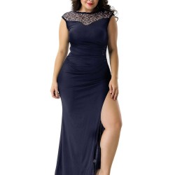 Plus Size Elegant Purplish Blue Side Lace Detail Maxi Dress