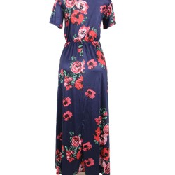 Short Sleeve Pocket Design Navy Blue Floral Maxi Dress