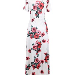 Short Sleeve Pocket Design White Floral Maxi Dress