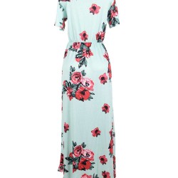 Plus Size Pocket Design Short Sleeve Mint Floral Maxi Dress