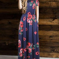 Short Sleeve Pocket Design Navy Blue Floral Maxi Dress