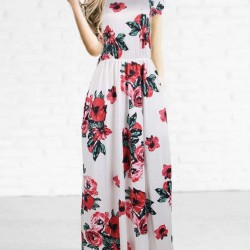 Short Sleeve Pocket Design White Floral Maxi Dress