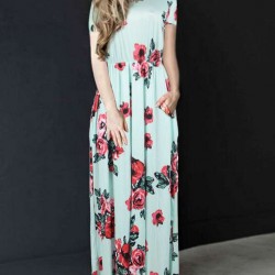 Plus Size Pocket Design Short Sleeve Mint Floral Maxi Dress