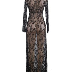 Plus Size Black Delicate Lace Long Sleepwear Gown