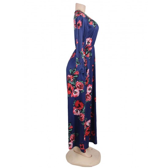 Pocket Design Long Sleeve Dark Blue Floral Maxi Dress Pocket Design Long Sleeve Dark Blue Floral Maxi Dress