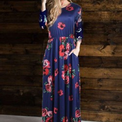 Pocket Design Long Sleeve Dark Blue Floral Maxi Dress