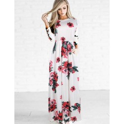 Pocket Design White Floral Long Sleeve Maxi Dress