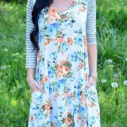 Blue Floral Print Stripe Raglan Sleeve Dress