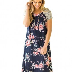 Floral Print Navy Blue Backdrop A-line Loose T-shirt Dress