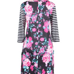 Stripe Raglan Sleeve Black Floral Print Dress