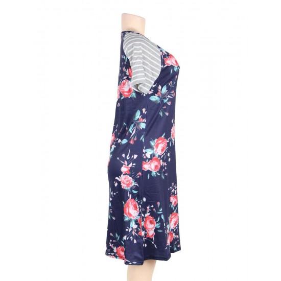 Plus Size Navy Blue Backdrop Floral Print A-line Loose T-shirt Dress Plus Size Navy Blue Backdrop Floral Print A-line Loose T-shirt Dress