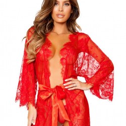 Red Belted Lace Eyelash Sleepwear Gown