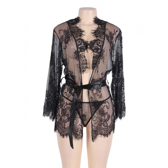 Black Belted Lace Kimono Sleepwear Black Belted Lace Kimono Sleepwear