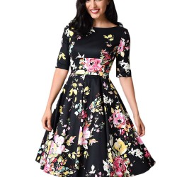 Half Sleeve Black Vintage Style Floral Swing Dress