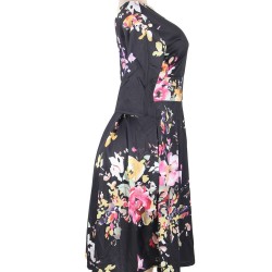 Half Sleeve Black Vintage Style Floral Swing Dress