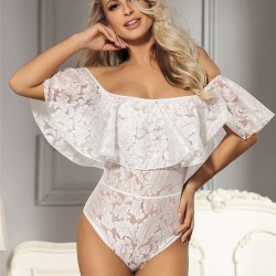 Dreamy Off Shoulder White Lace Ruffle Teddy