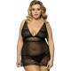 Black Plus Size V Neck Transparent Floral Lace Babydoll Black Plus Size V Neck Transparent Floral Lace Babydoll