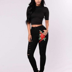 Plus Size Top Design Embroidery  Ripped Women Jeans 