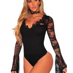 Plus Size Black Eyelashes Lace Horn Sleeve Teddy