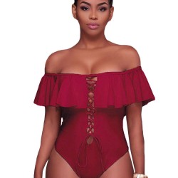 Red Ruffle Off-The-Shoulder One Piece Swimsuit