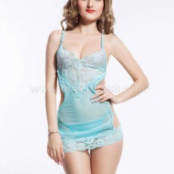 Sexy Lace Trim Blue Strappy Back Babydoll Chemise