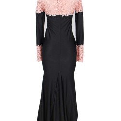 Plus Size Boat Neck Pink Lace Evening Gown