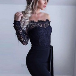 Black Falling shoulder lace stitching fashion jumpsuit