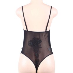 Black Floral Embroidered Sheer Mesh Teddy